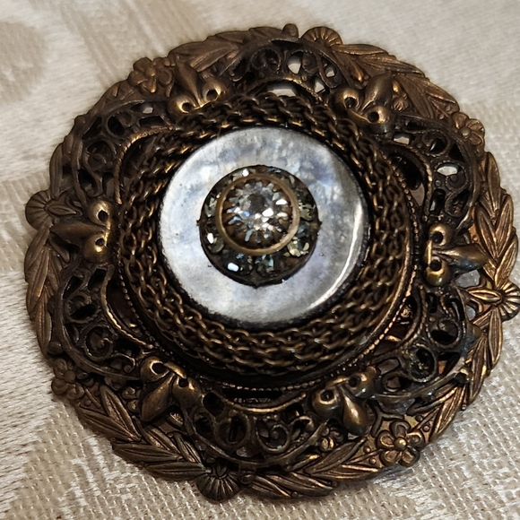 LIZ PALACIOS SF Vintage Vintage 80s Bronze Brooch with Mother of Pearl Accent - Picture 11 of 11